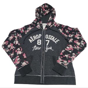 Aeropostale Hoodie Jacket Womens L Glitter Spellout Logo Y2K Grey Floral